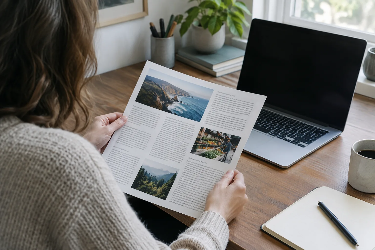 Une personne consulte une newsletter sur un ordinateur, près d’un carnet ouvert.