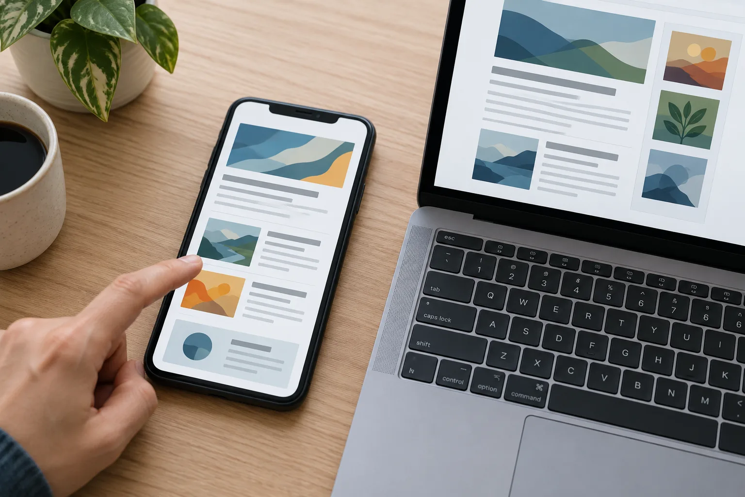 Un téléphone et un ordinateur présentent des mises en page de newsletter composées de blocs distincts.