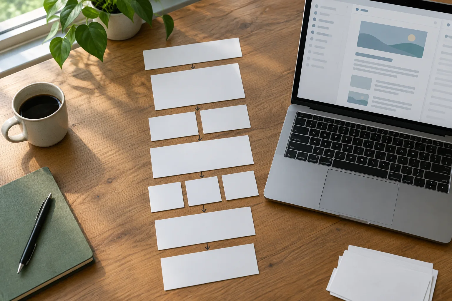 Des cartes vierges disposées en séquence à côté d’un ordinateur, pour représenter la construction d’un parcours de lecture.