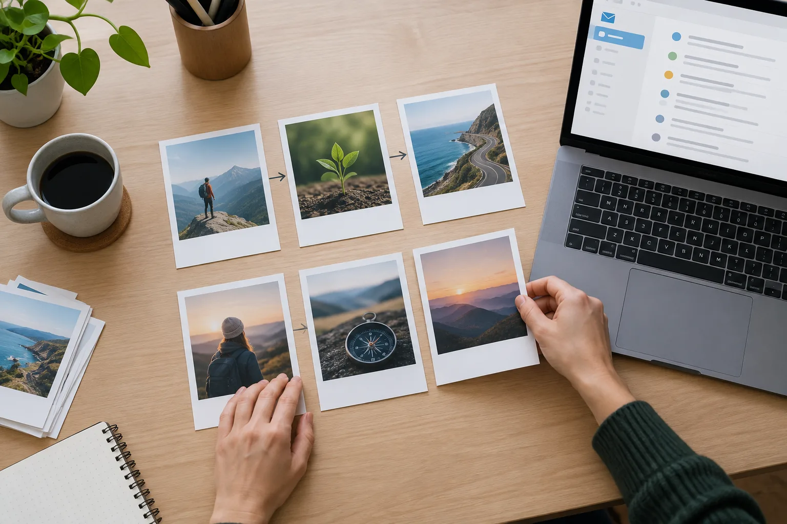 Des cartes sans texte disposées en séquence près d’un ordinateur, comme les étapes d’une sélection éditoriale.