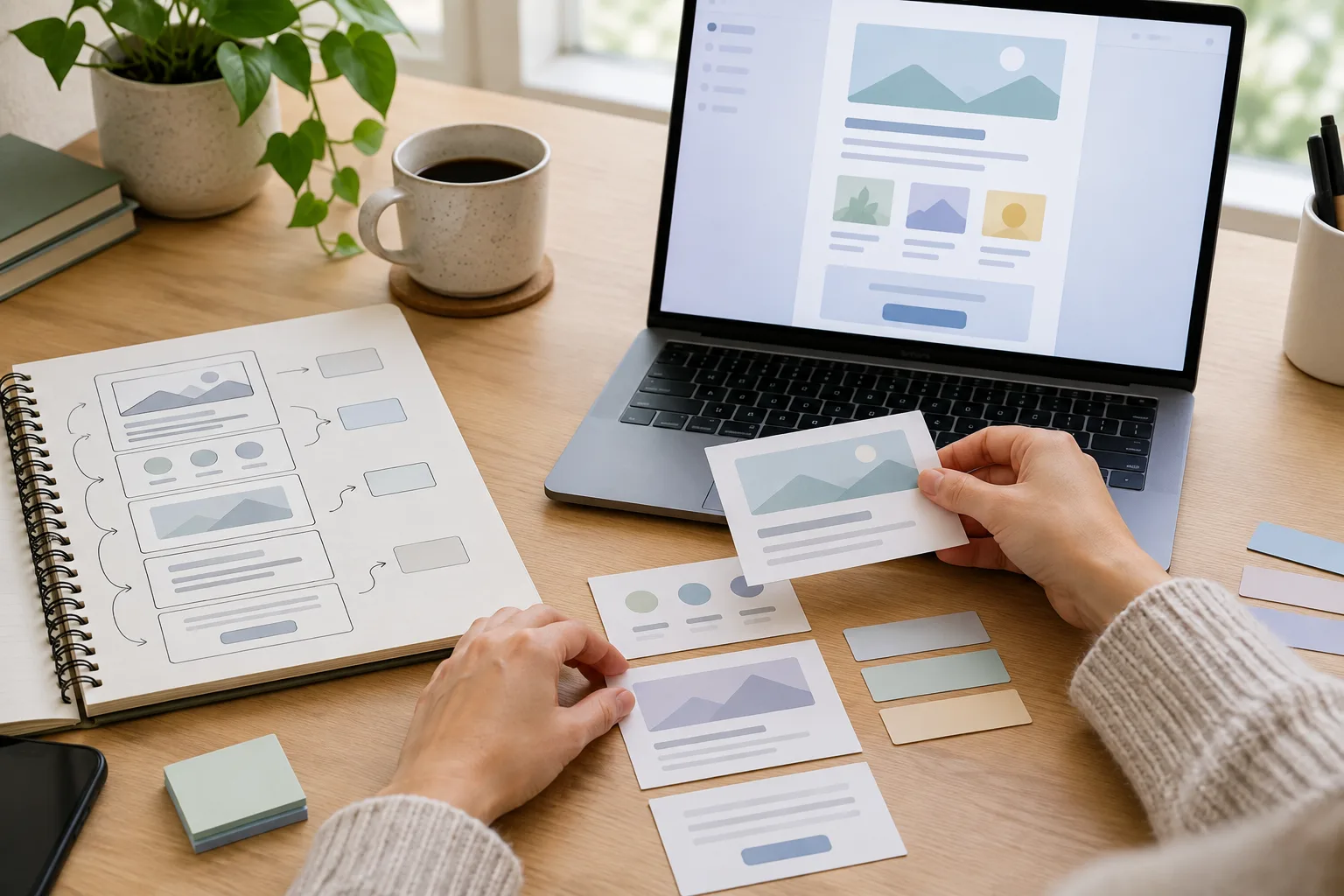 Des mains organisent des cartes et une mise en page de newsletter sur un bureau.