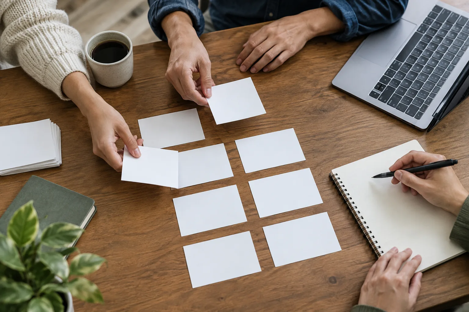 Des mains organisent des feuilles et des notes autour d’un ordinateur pour préparer une newsletter.