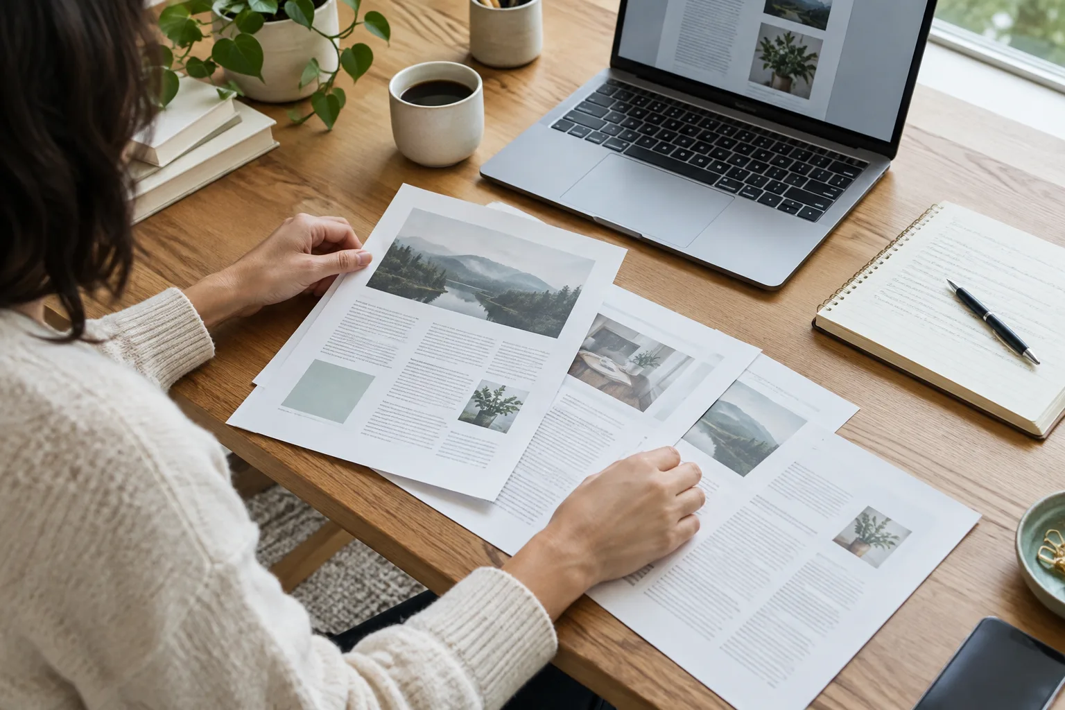 Des brouillons et un ordinateur portable réunis sur un bureau pendant la préparation d’une newsletter.