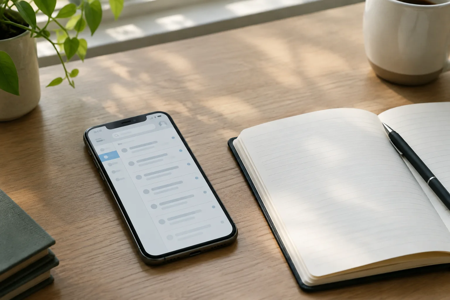 Un téléphone et un carnet posés sur un bureau éclairé par la lumière du matin.