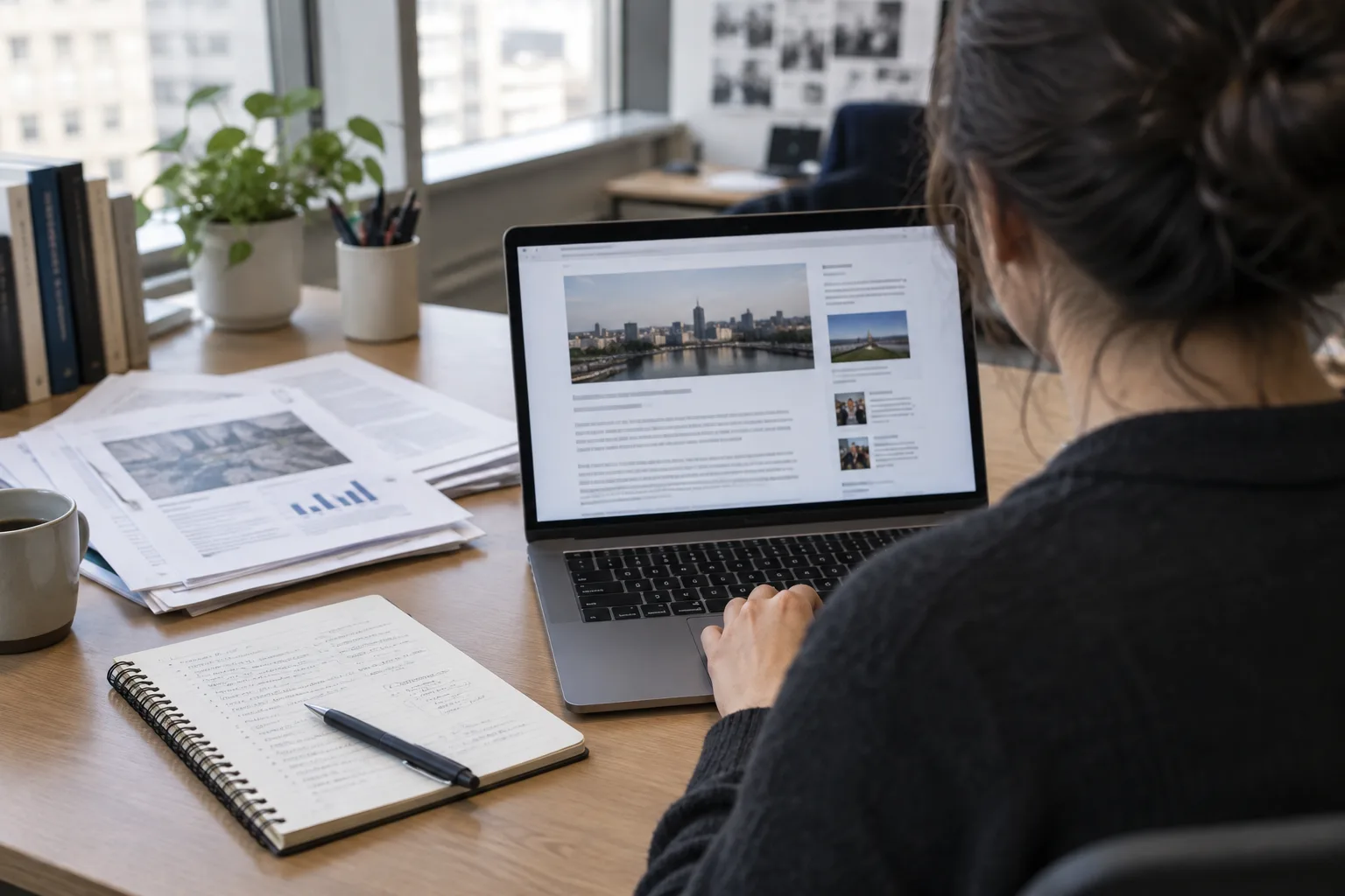 Un journaliste consulte un article sur un ordinateur, entouré de documents de recherche.