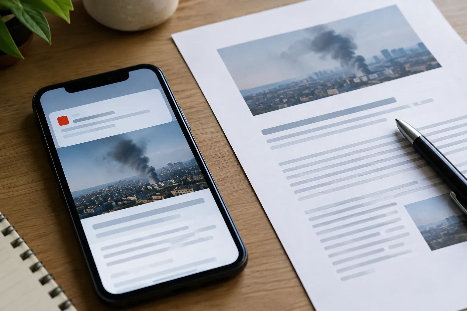 Un téléphone et un brouillon d’article évoquent le cadrage d’une notification.