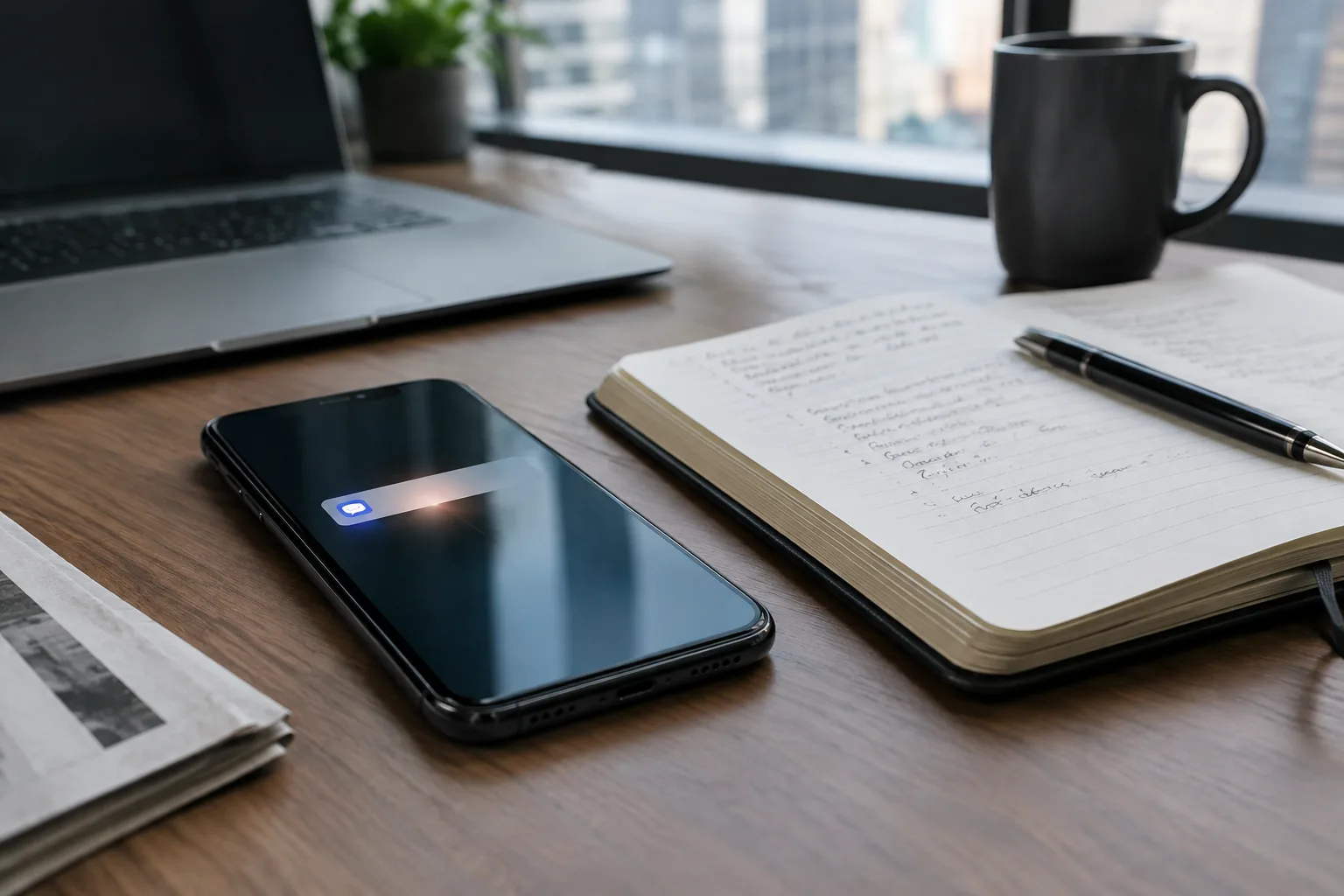 Un téléphone posé près d’un carnet sur un bureau de rédaction.
