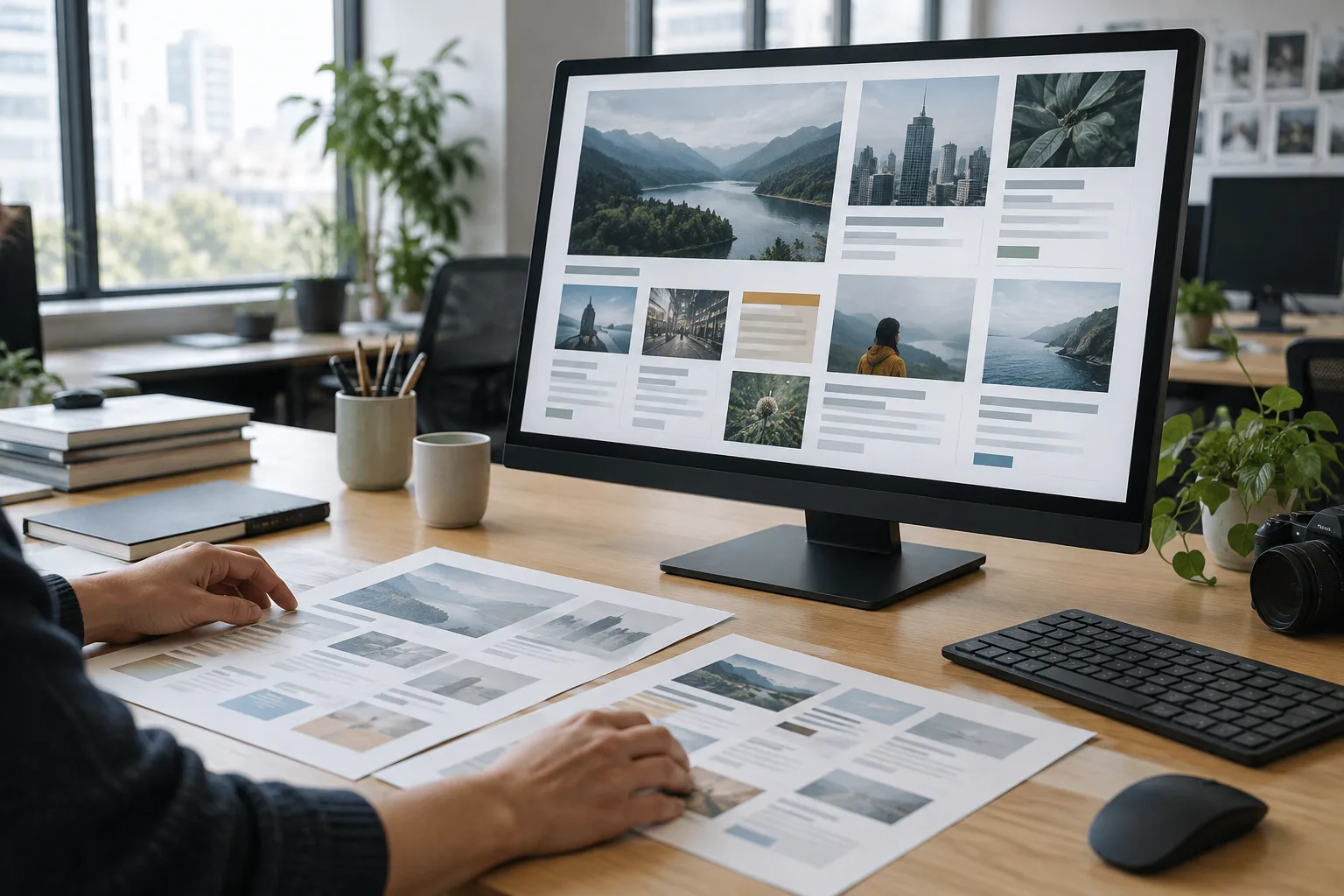 Un écran présente une maquette de page d’accueil composée de blocs visuels, tandis que des esquisses sont disposées sur un bureau.