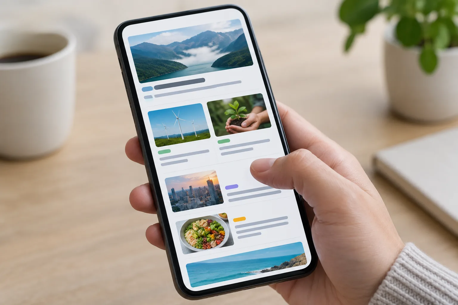 Une main parcourt sur smartphone une page d’actualité organisée en blocs distincts.