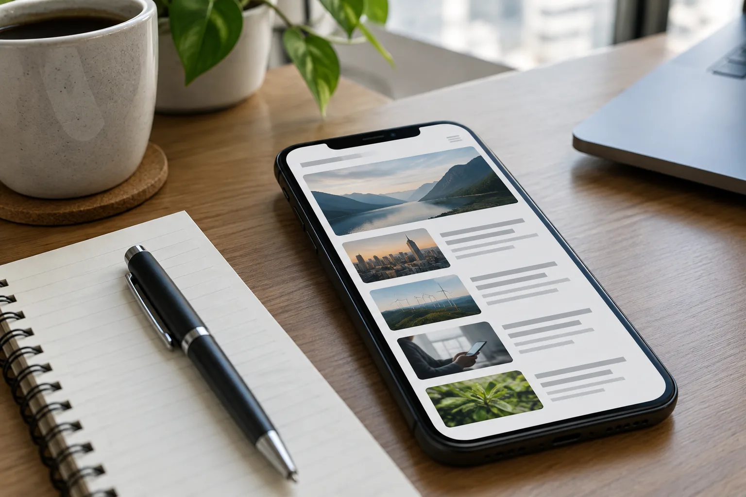 Un smartphone affiche une page d’accueil de média composée de blocs éditoriaux sur un bureau.