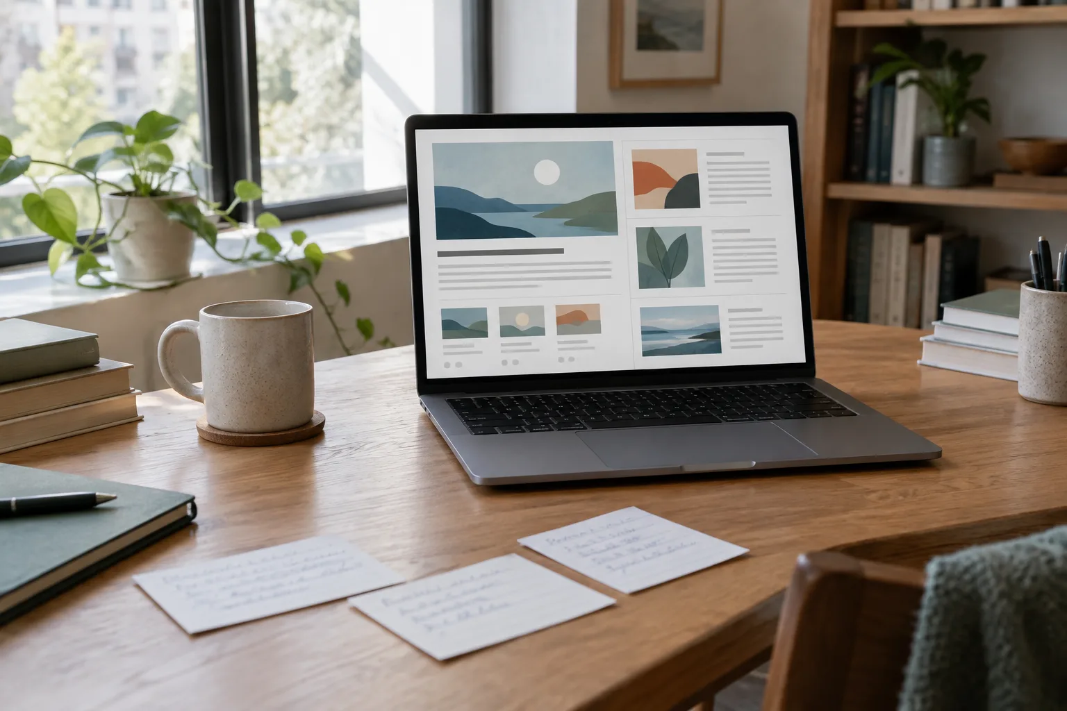 Un ordinateur ouvert sur une mise en page éditoriale composée de plusieurs contenus reliés.