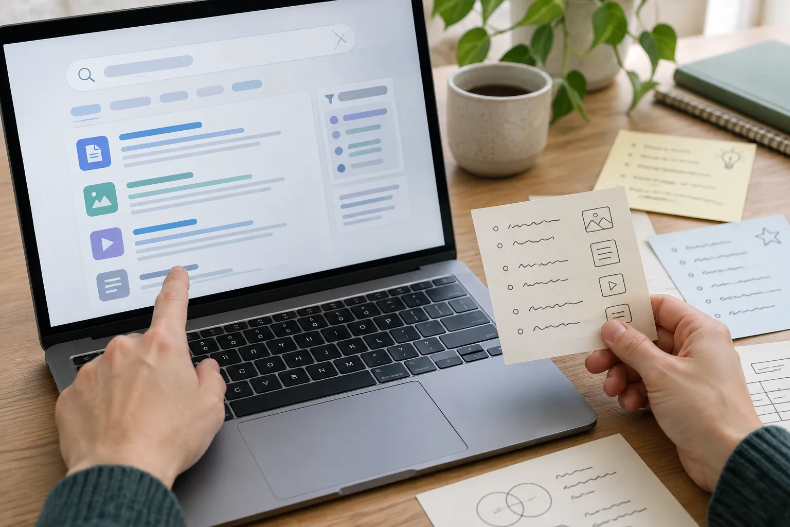 Un ordinateur affiche une interface de recherche à côté de notes manuscrites.