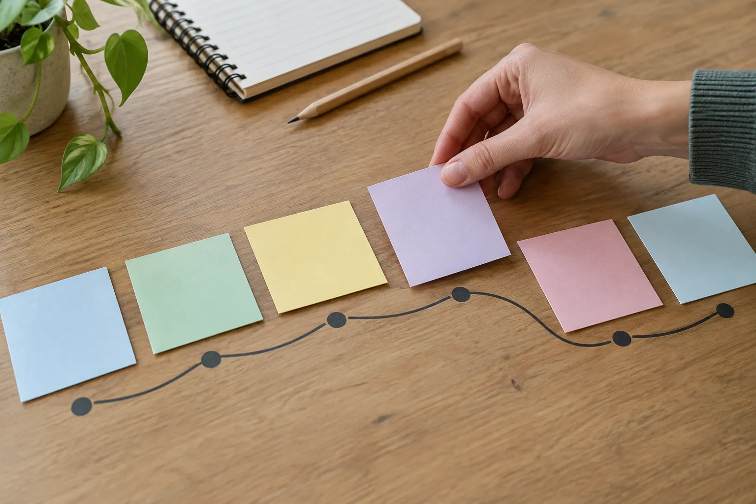 Une main ajoute une carte vierge à une séquence de contenus en préparation.