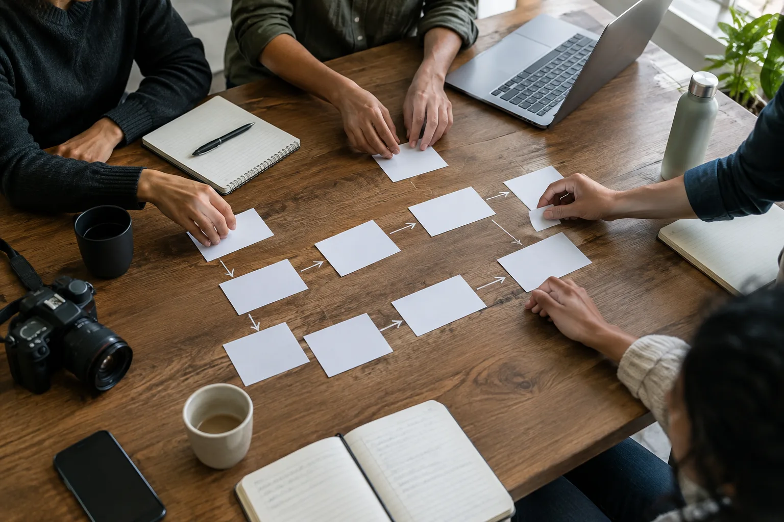 Des cartes vierges disposées en séquence sur une table de travail éditoriale.