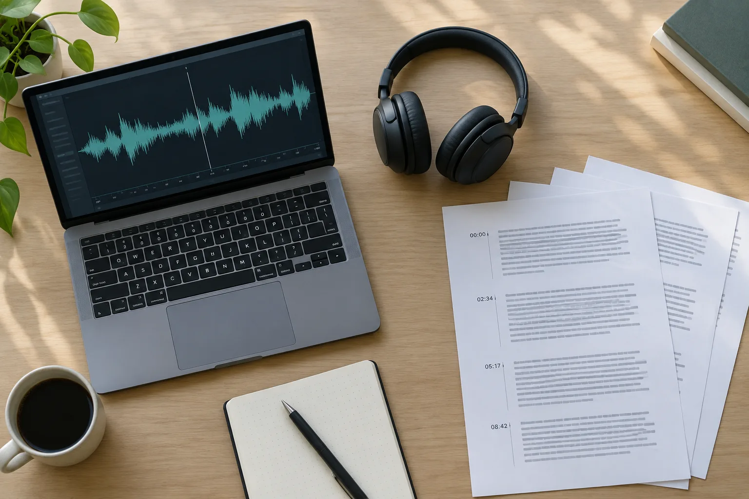 Des pages de transcription imprimées sont disposées près d’un ordinateur affichant une forme d’onde audio.