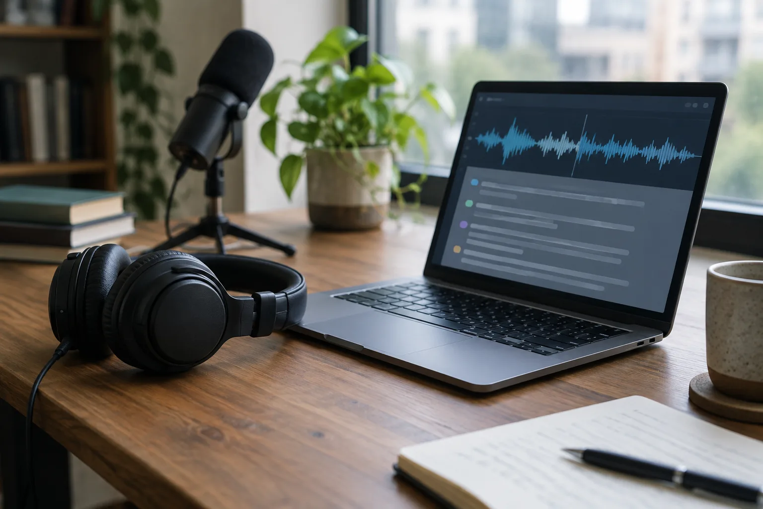 Un casque audio posé à côté d’un ordinateur affichant une forme d’onde et des lignes de texte floues.