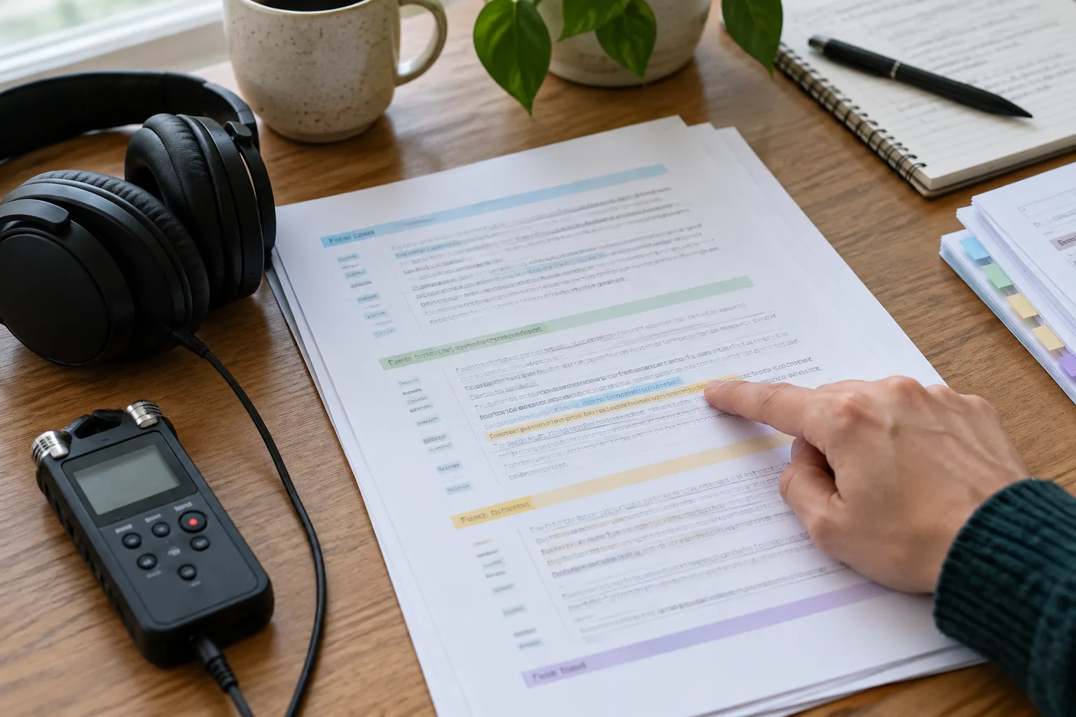 Des pages de transcription organisées en sections à côté d’un casque et d’un enregistreur audio.