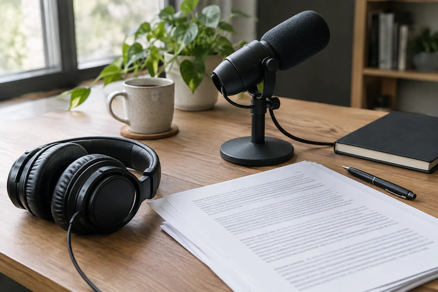Un casque et un microphone posés près de pages imprimées sur un bureau de production audio.