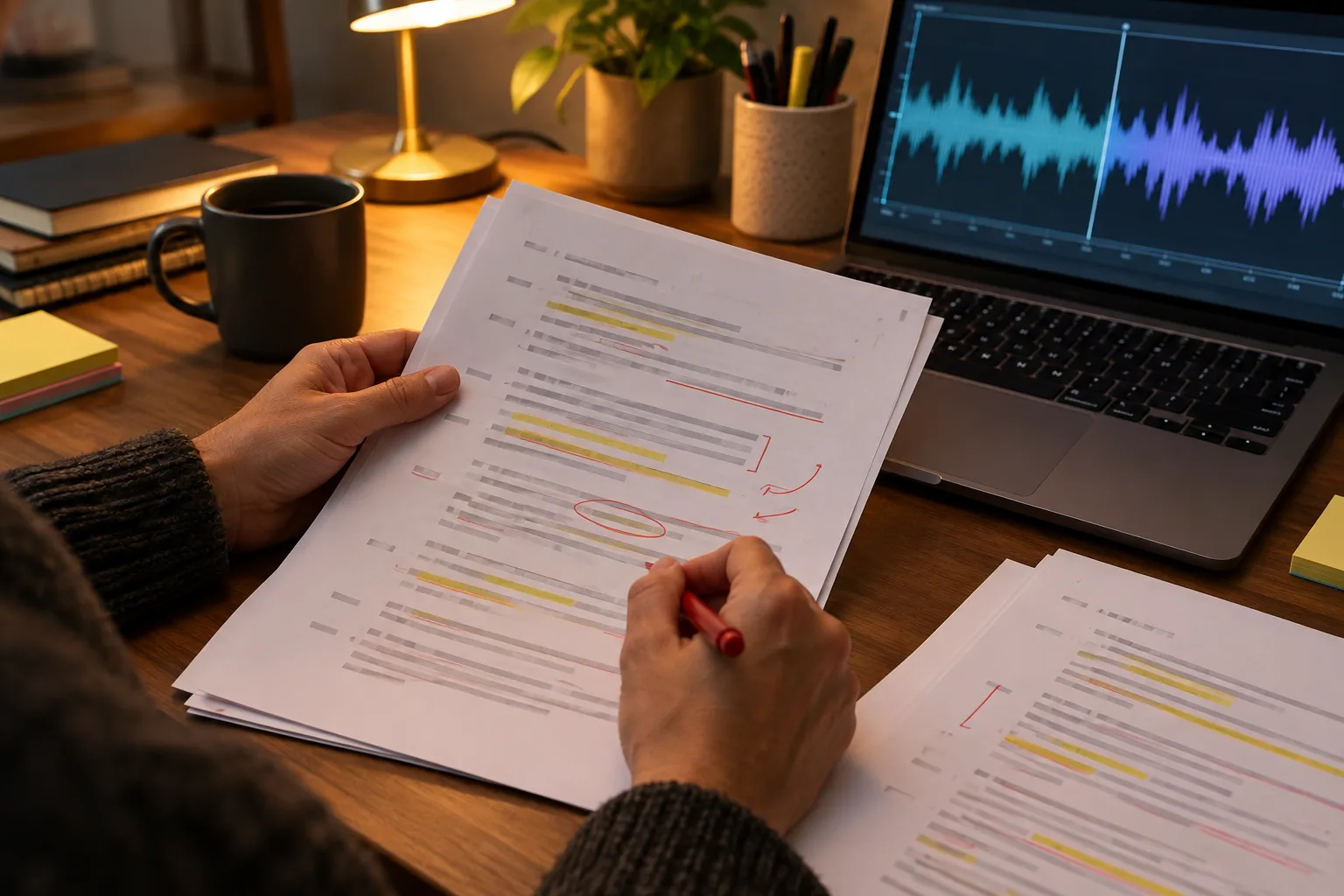 Des pages de transcription annotées sont relues à côté d’un ordinateur affichant une forme d’onde.