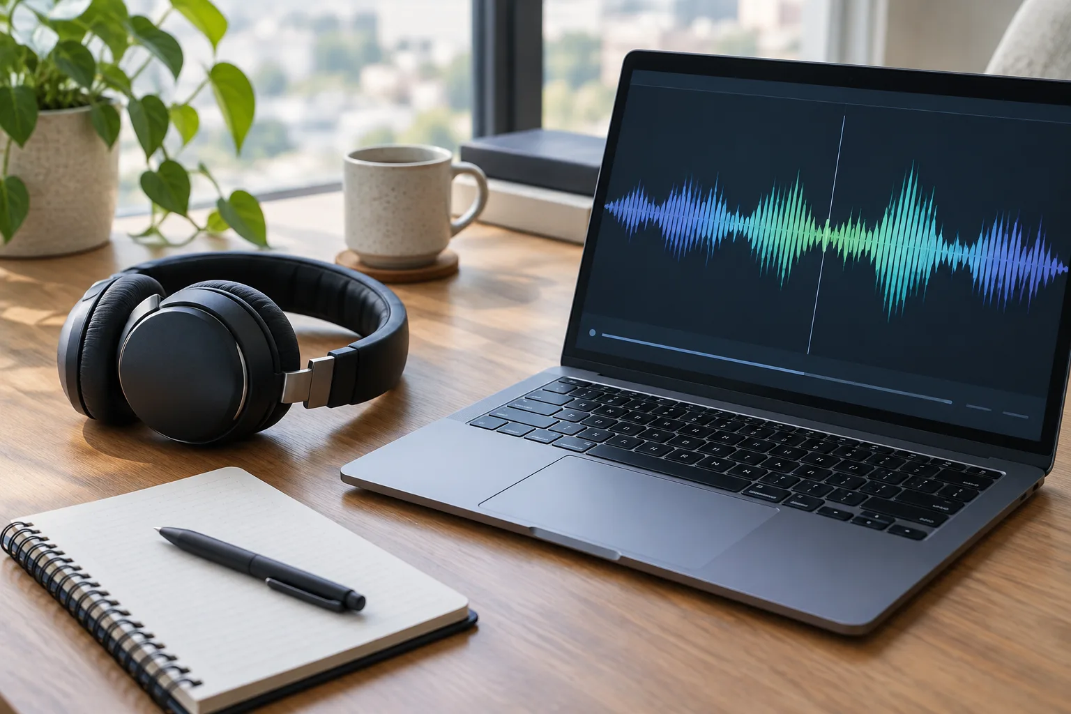 Un casque audio posé près d’un carnet et d’un ordinateur affichant une forme d’onde sonore.