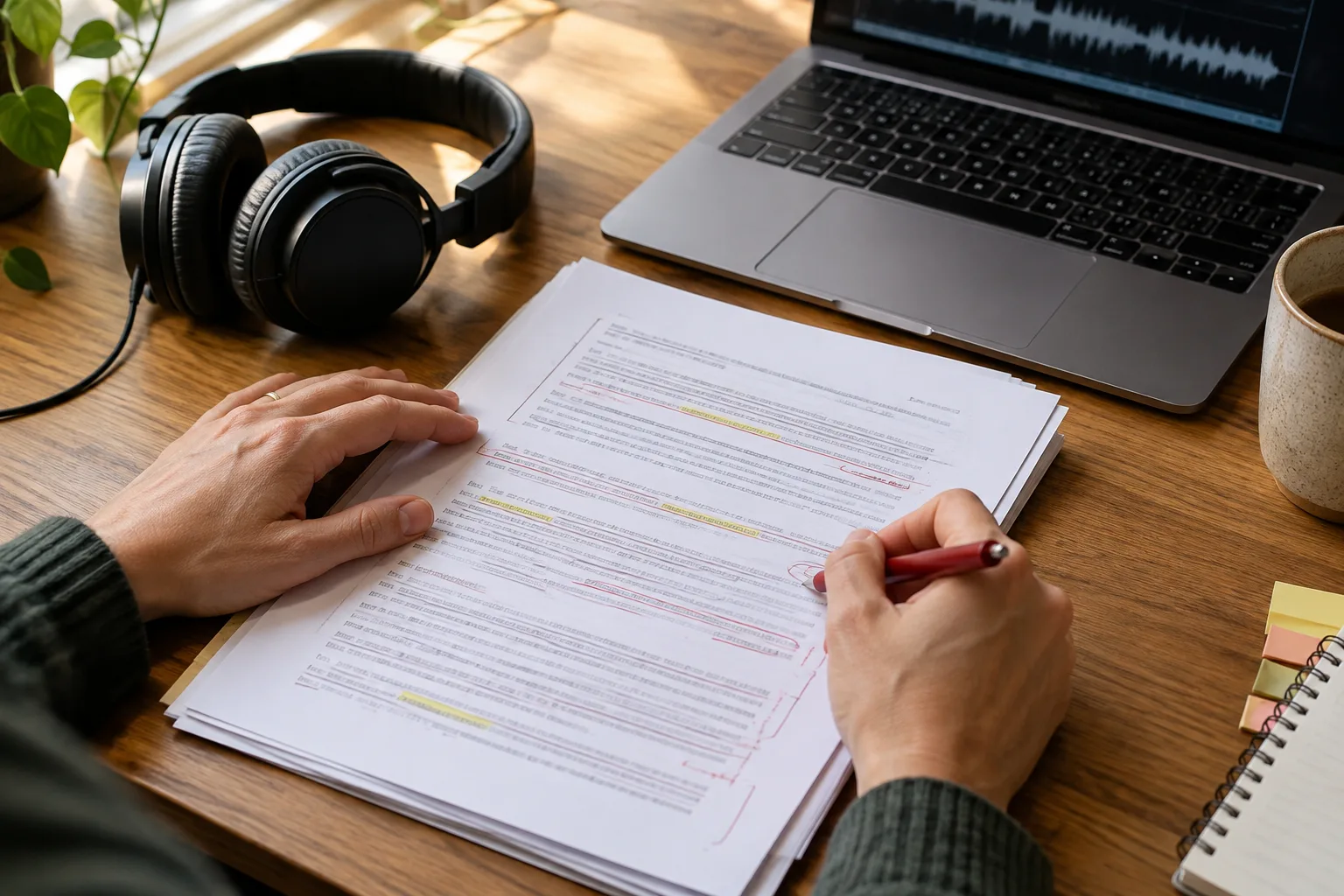 Des mains relisent des pages imprimées à côté d’un casque audio et d’un ordinateur.