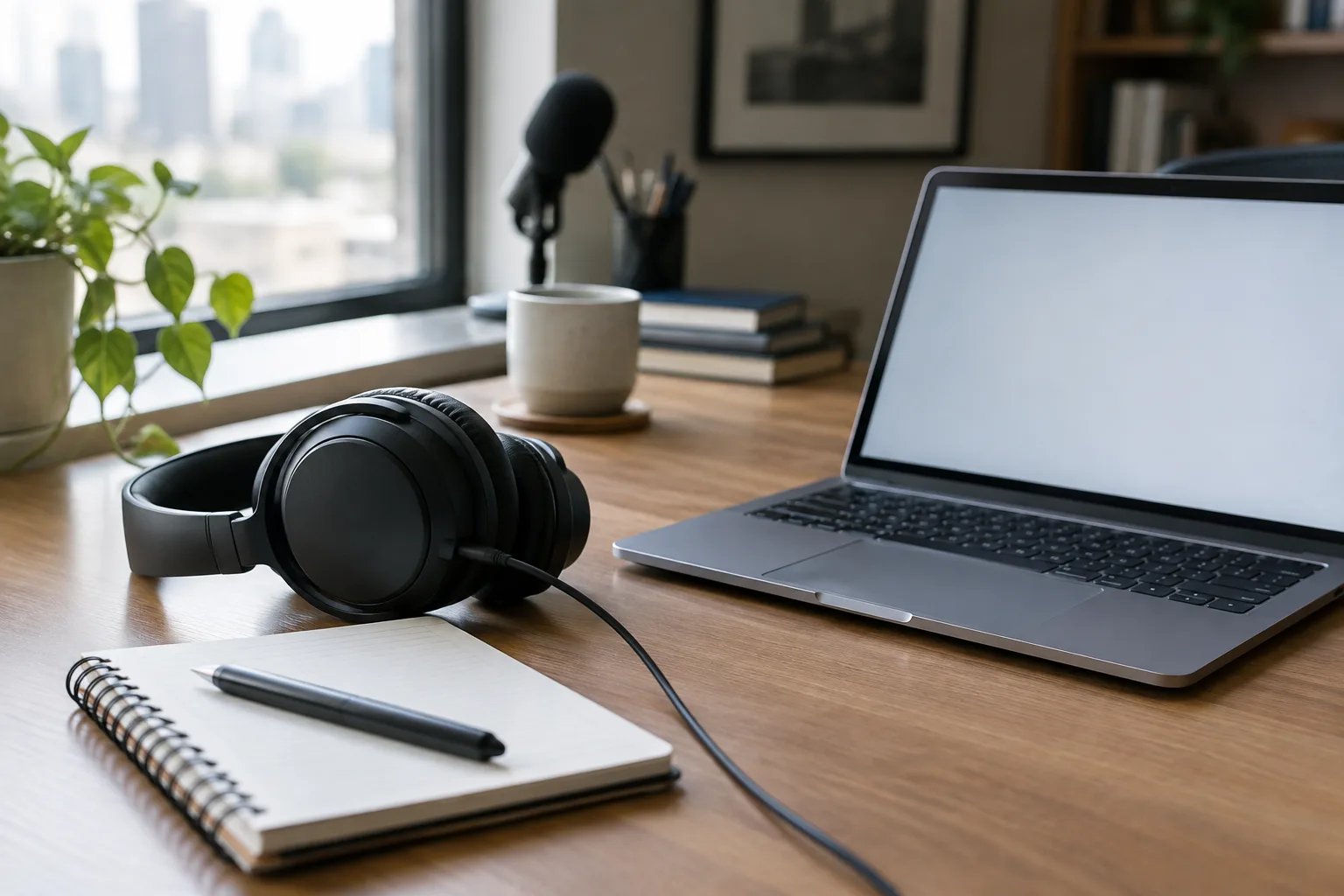 Un casque audio et un carnet sont posés près d’un ordinateur dans un espace de travail calme.