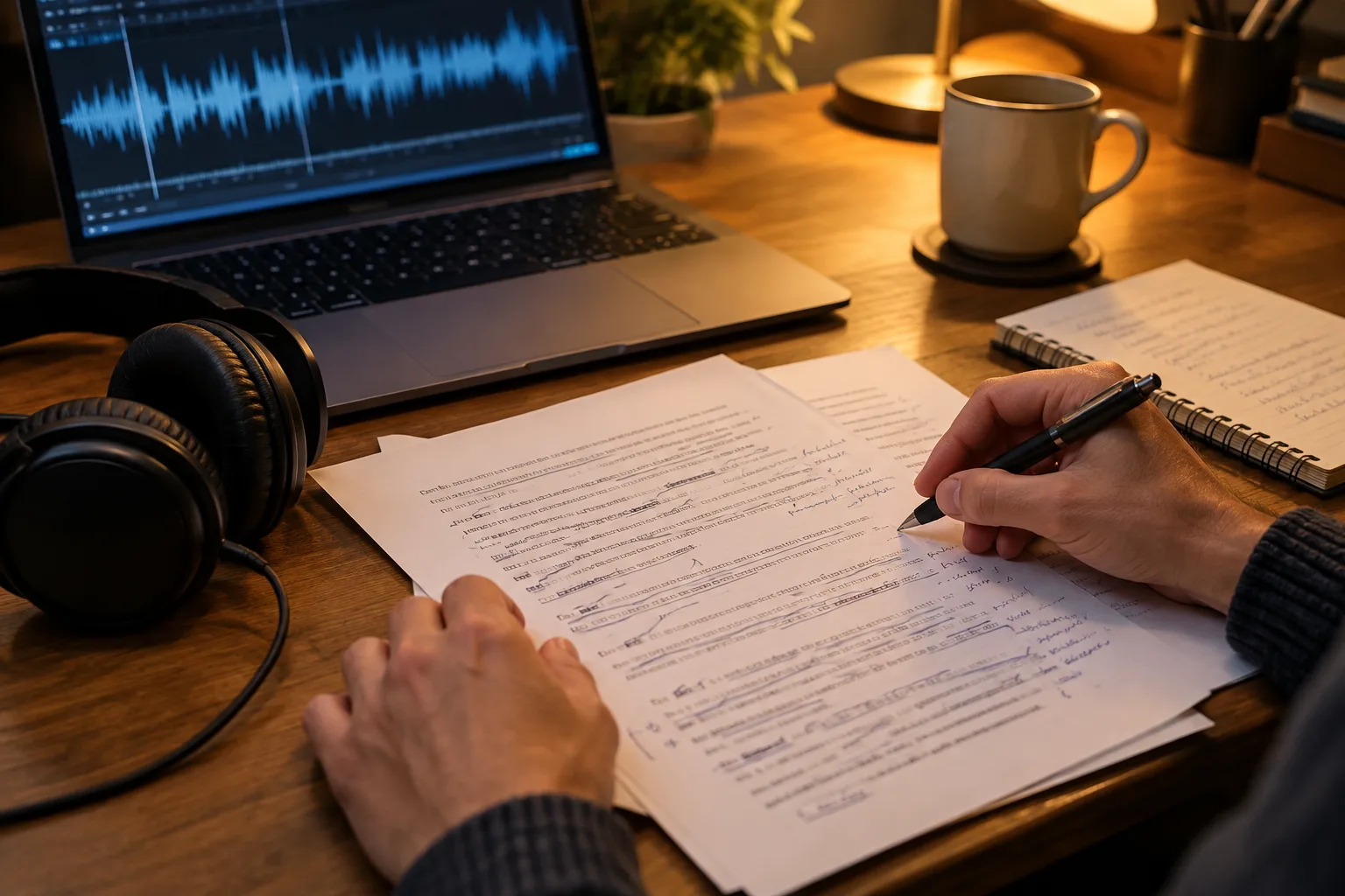 Des mains annotent une transcription imprimée à côté d’un casque et d’un ordinateur.