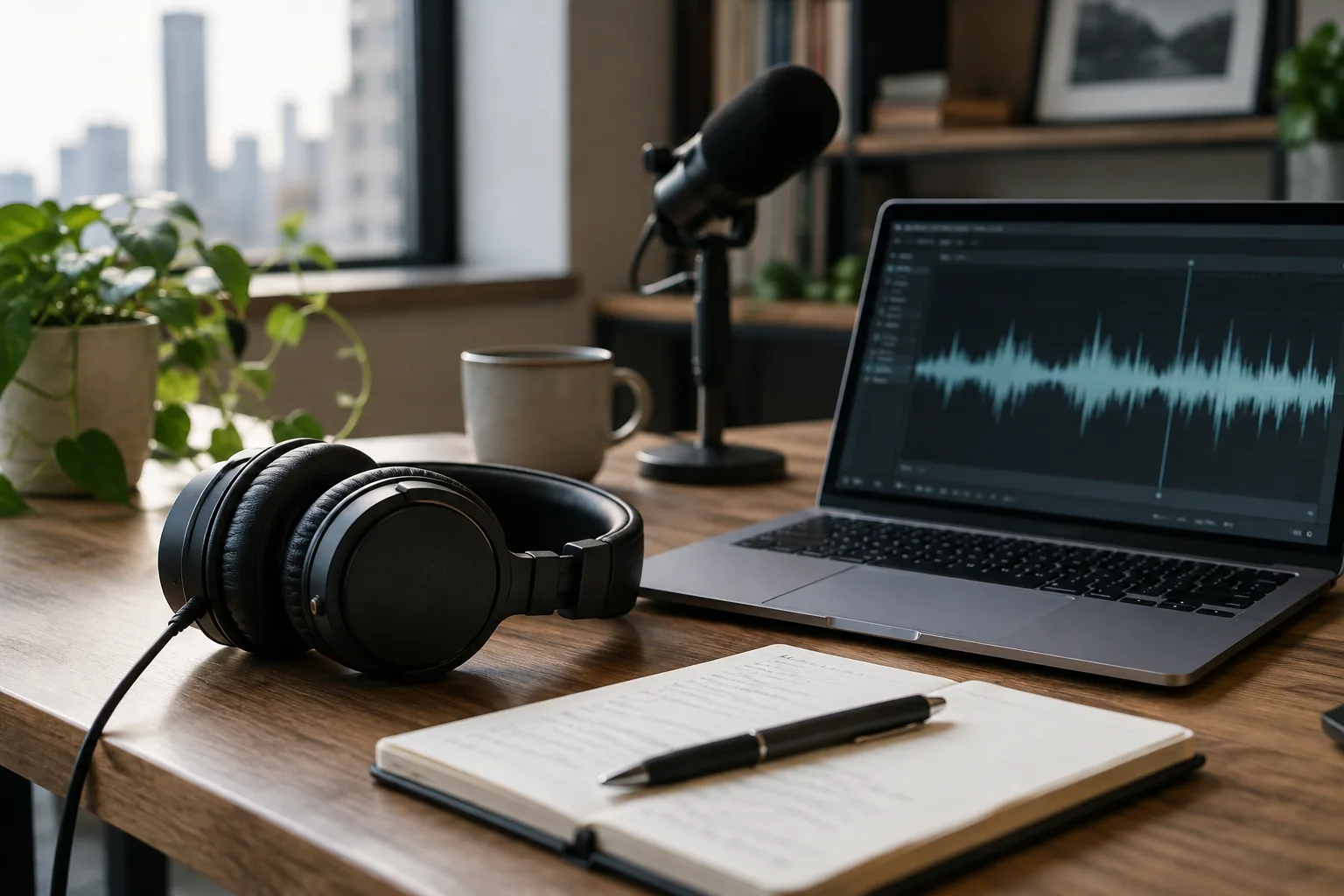 Un casque audio et un ordinateur côtoient des notes sur un bureau de rédaction.