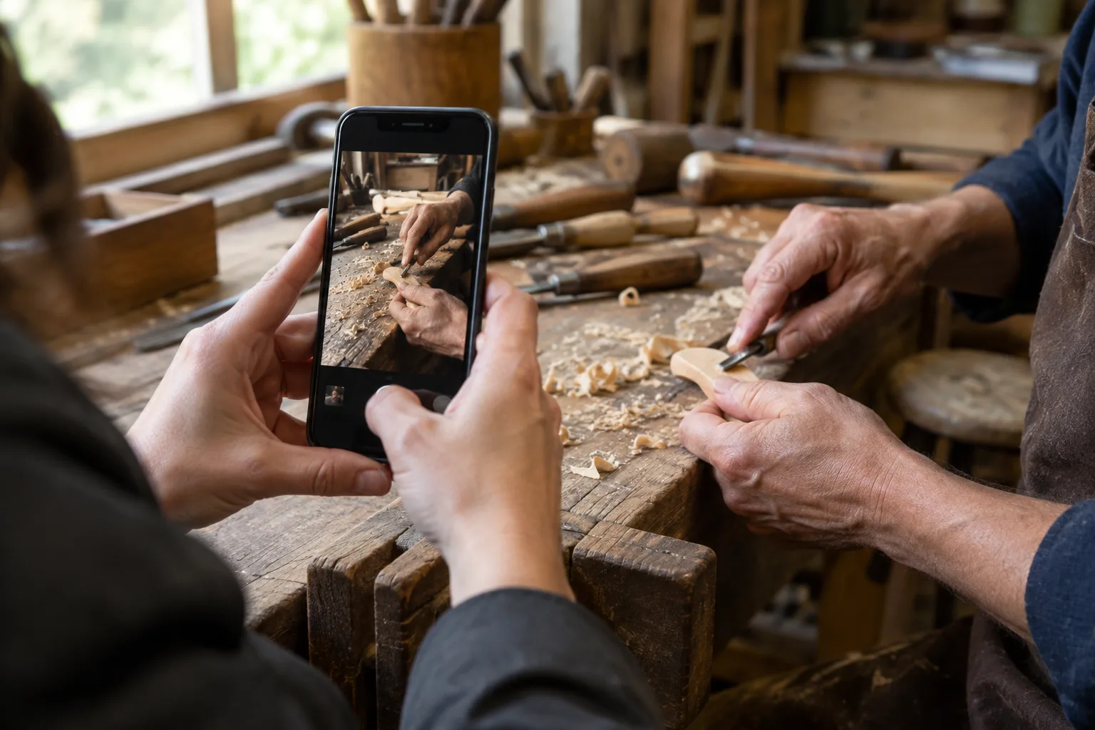 Un téléphone vertical cadre les mains d’une personne au travail dans un atelier.