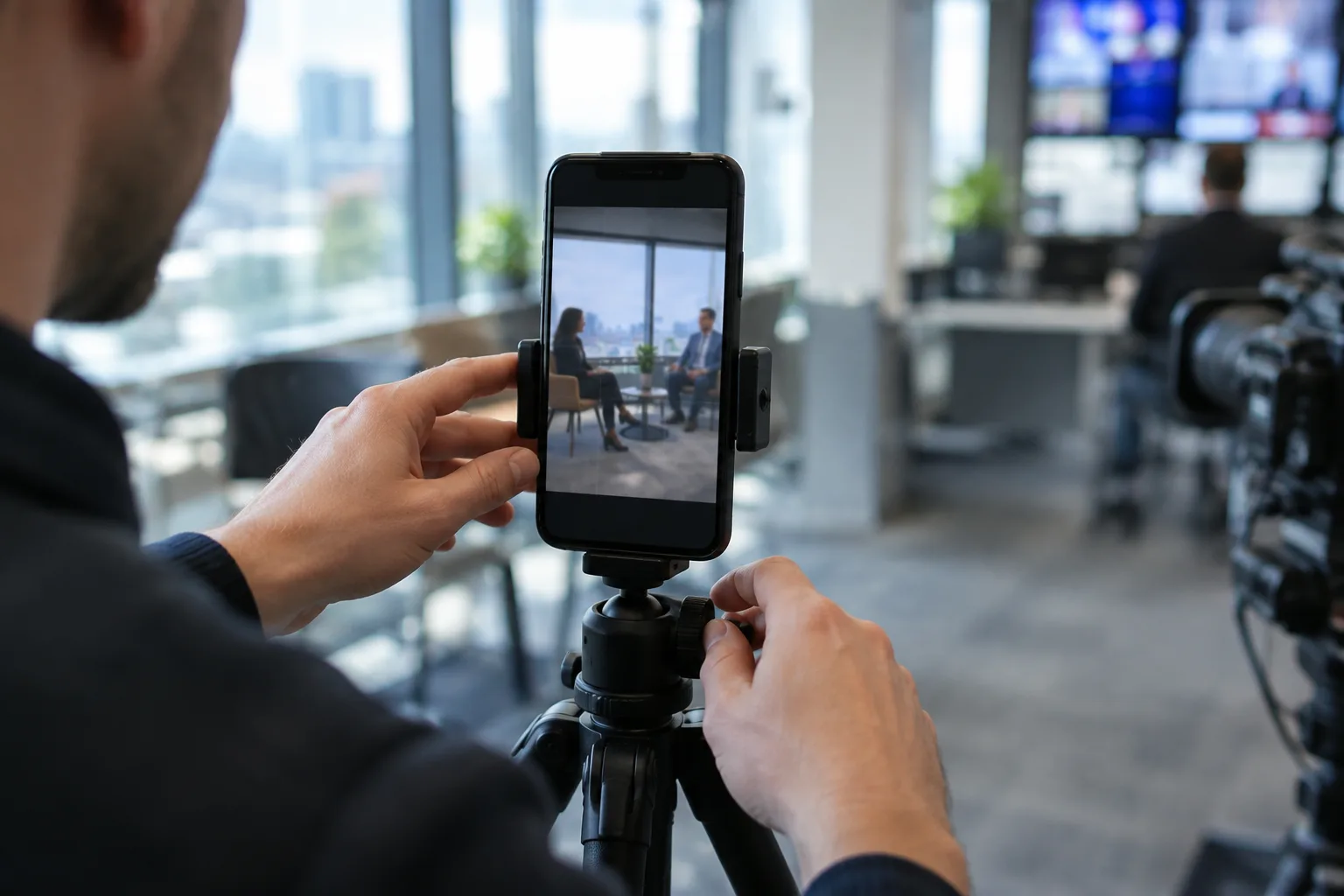 Un téléphone vertical installé sur un trépied dans une rédaction, prêt à filmer une interview.