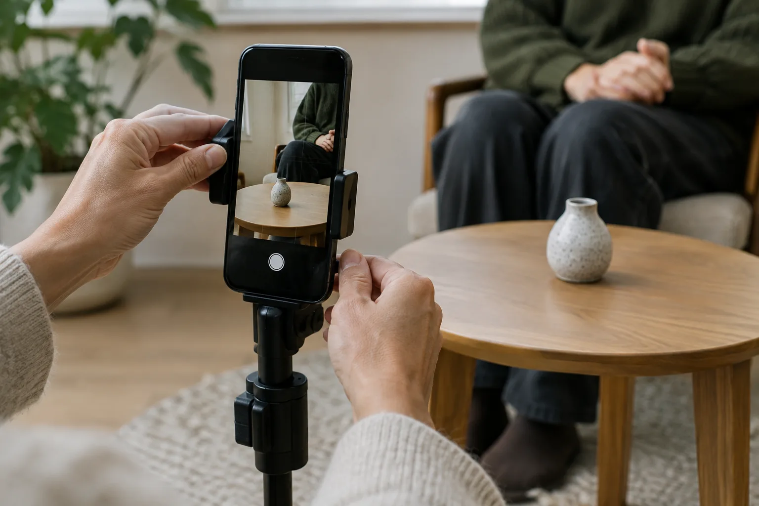 Des mains ajustent un téléphone vertical pour cadrer un objet au premier plan.