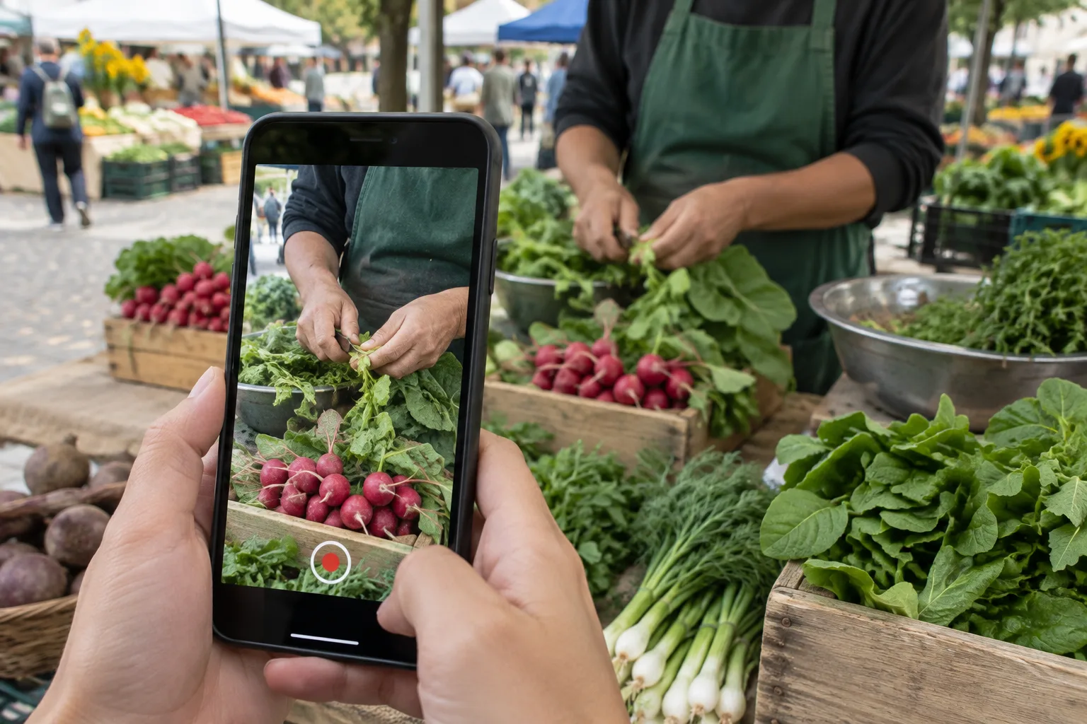 Un smartphone tenu verticalement cadre les mains d’une commerçante au travail, tandis que le marché reste visible autour.