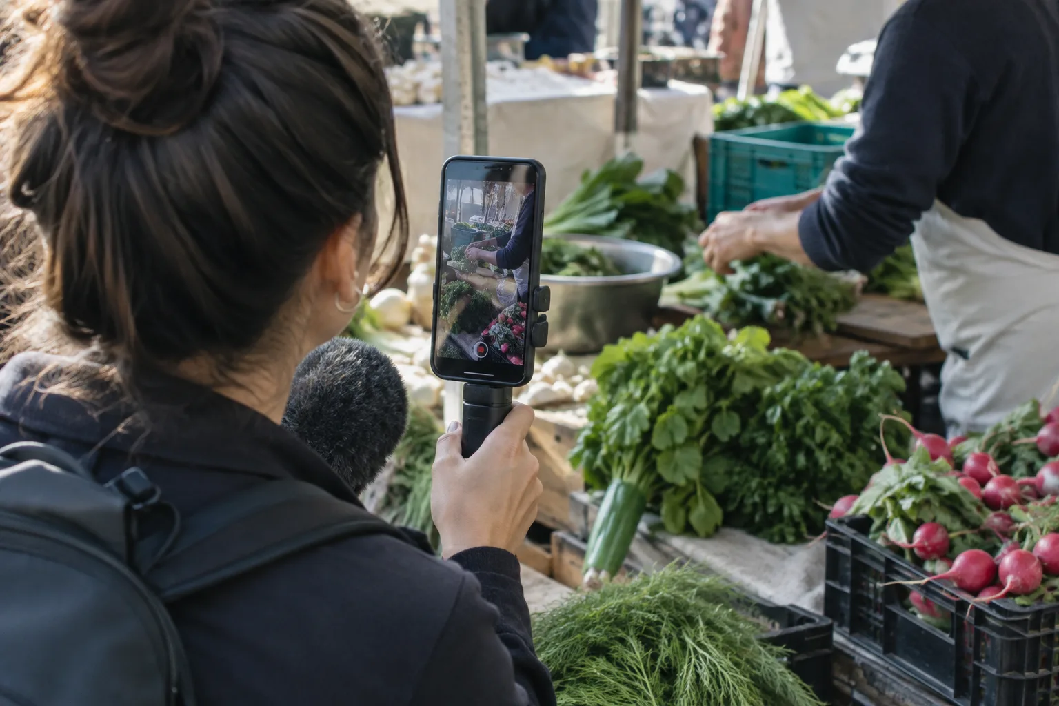 Un journaliste filme verticalement une scène de marché, avec les étals et les gestes des commerçants dans le cadre.
