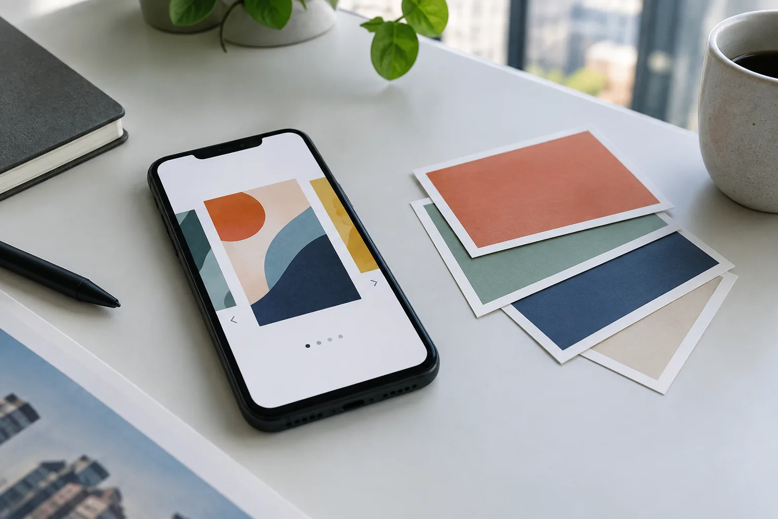 Un téléphone présente une suite de panneaux visuels posés à côté de cartes de mise en page.