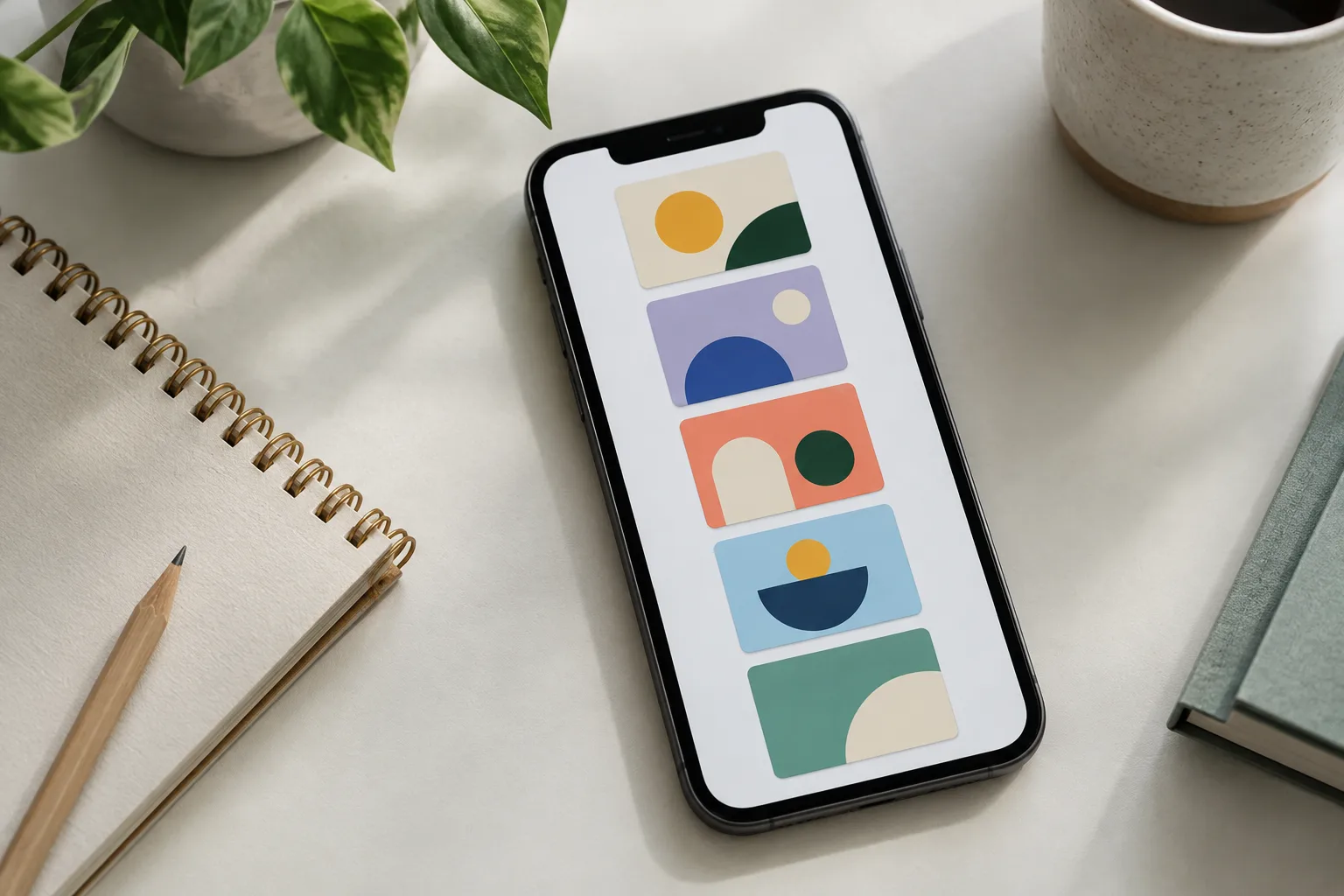 Un téléphone affiche plusieurs cartes graphiques colorées, posées en séquence sur un bureau.