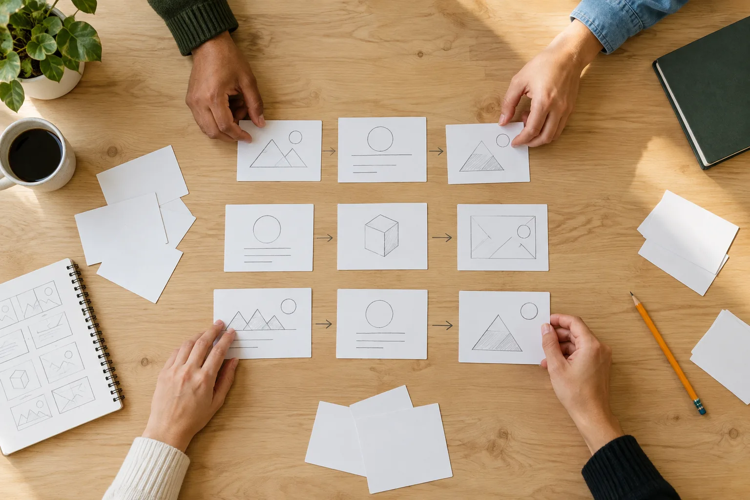 Des cartes vierges sont disposées en séquence sur une table pour préparer un storyboard.