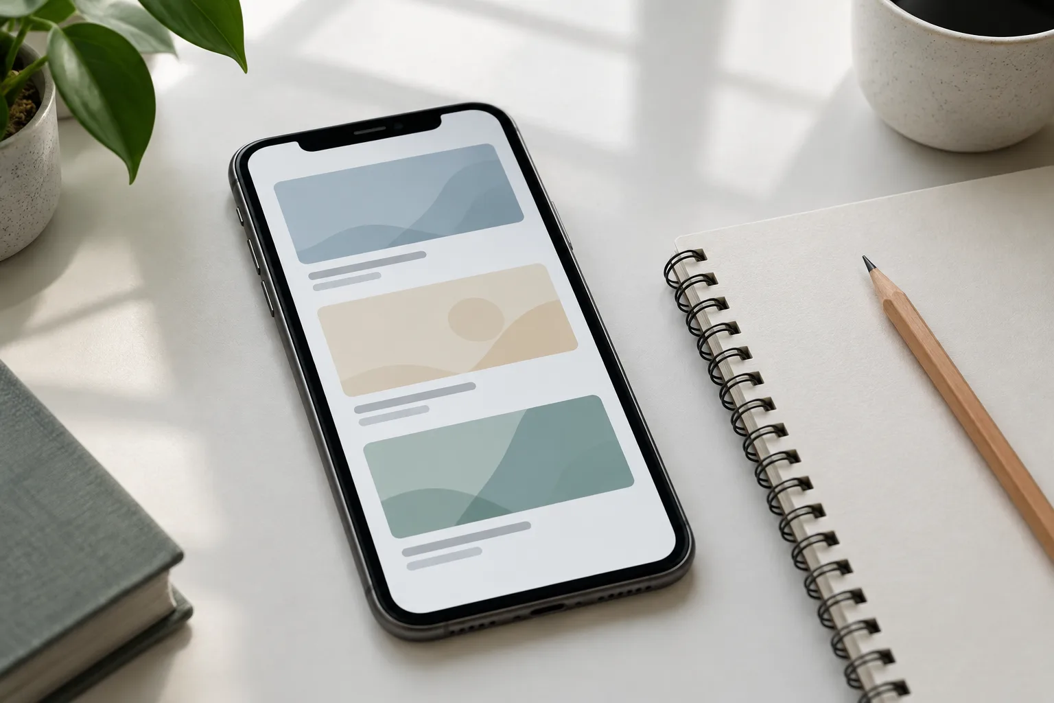 Un smartphone affiche plusieurs cartes visuelles à côté d’un carnet ouvert sur un bureau.