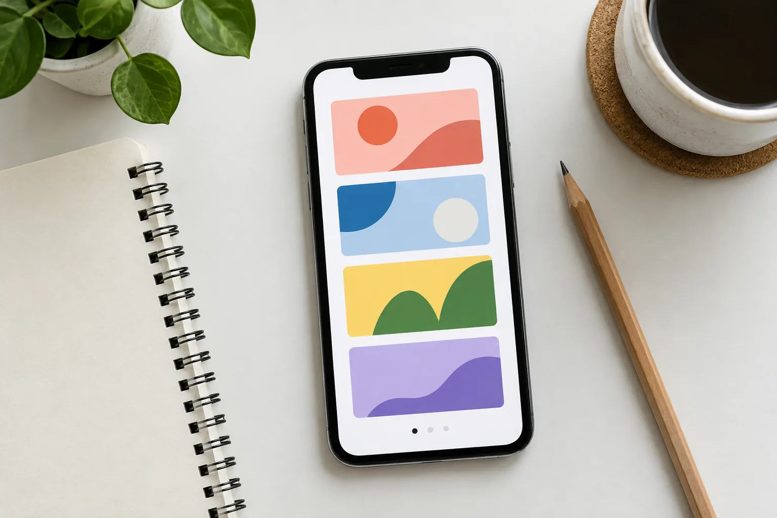 Un téléphone affiche une suite de cartes illustrées, posé près d’un carnet ouvert.