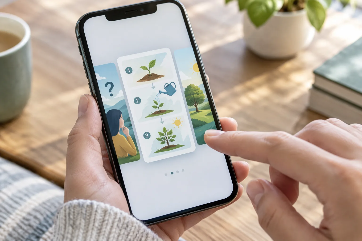 Une main fait défiler sur un smartphone des cartes illustrant les étapes d’une explication.