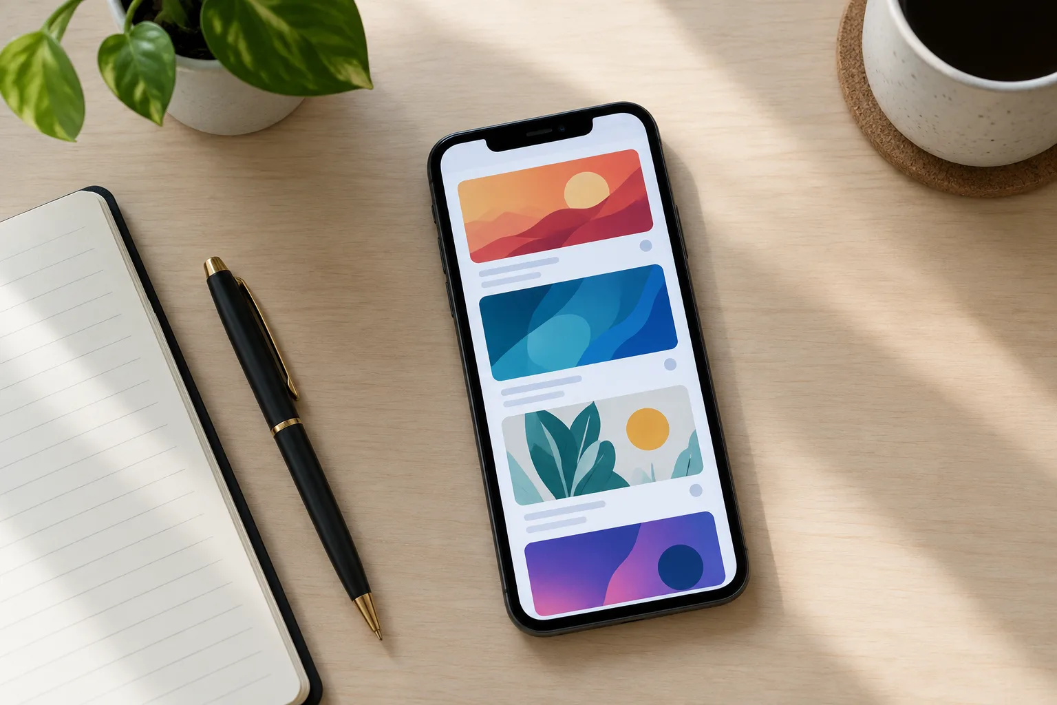 Un smartphone affiche plusieurs cartes visuelles, posé près d’un carnet et d’un stylo.