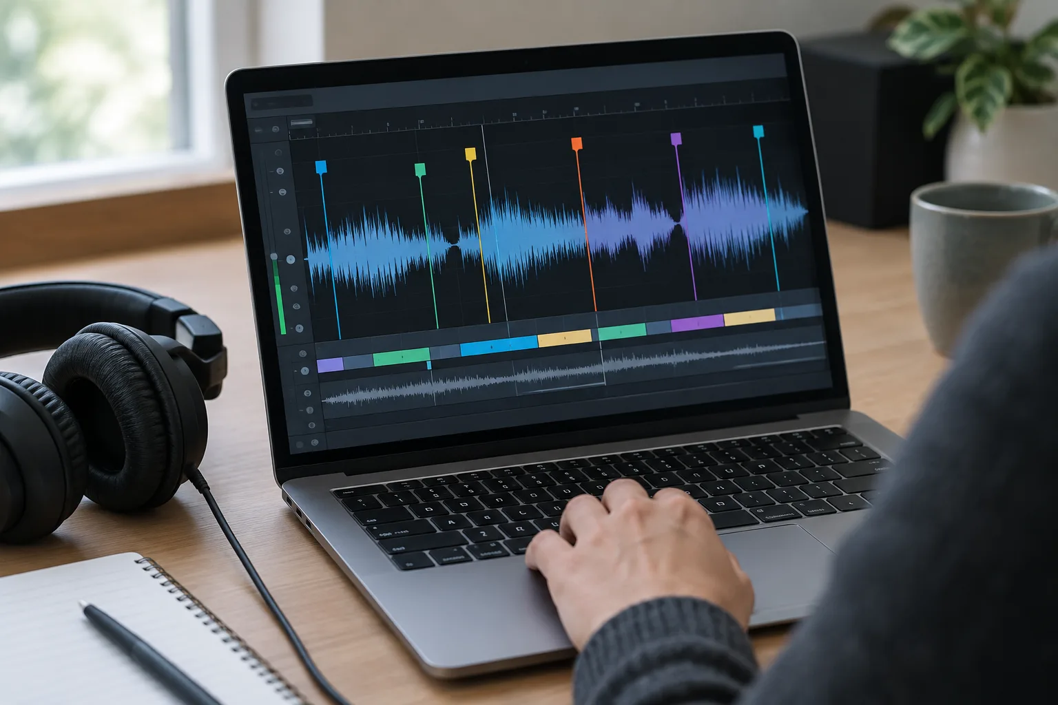 Une forme d’onde audio ponctuée de repères de chapitre sur l’écran d’un ordinateur.