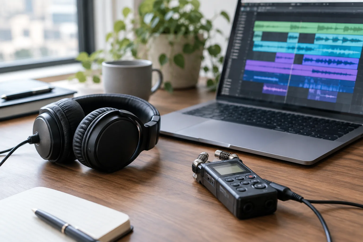 Un casque et un enregistreur posés près d’un ordinateur affichant une forme d’onde audio.