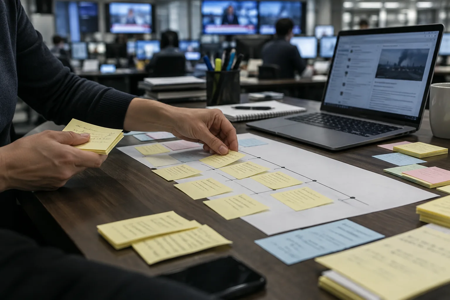 Des mains organisent des notes d’événement en chronologie à côté d’un ordinateur.
