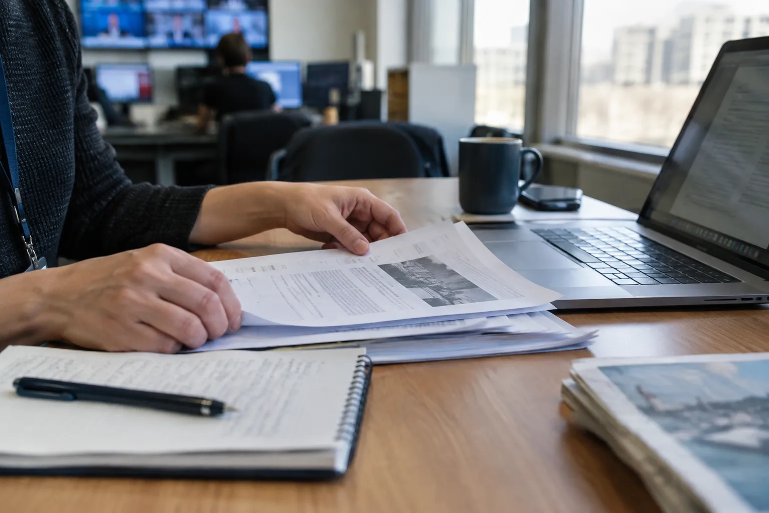 Des notes de rédaction et un ordinateur ouverts sur un bureau de presse.