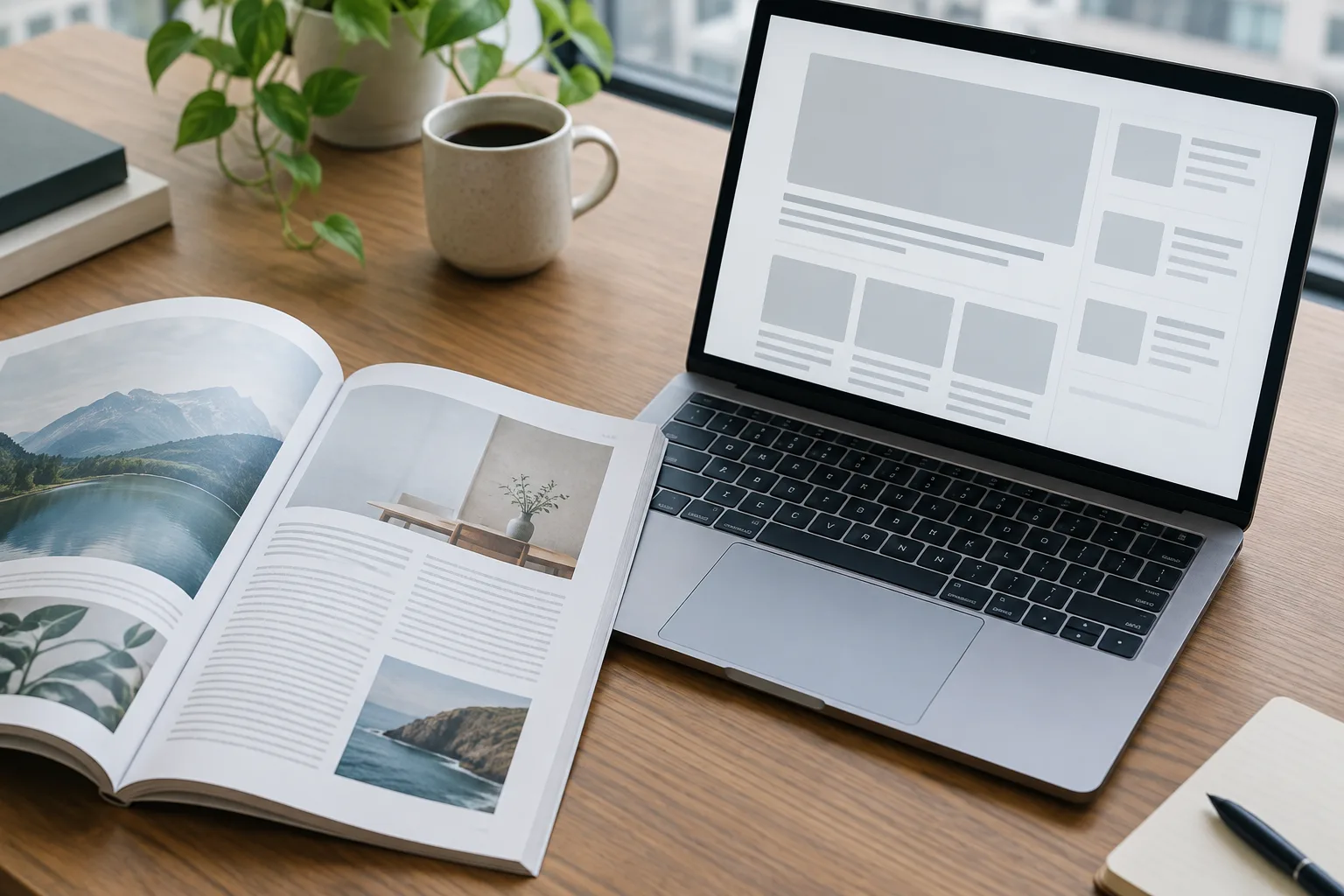 Un ordinateur portable ouvert sur une page de contenus, près d’un magazine imprimé.