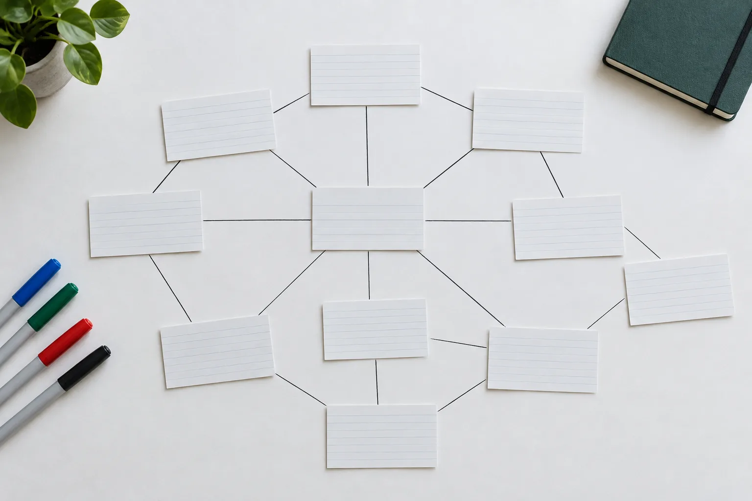 Des fiches vierges reliées par des traits sur une feuille, évoquant les liens entre plusieurs notions.