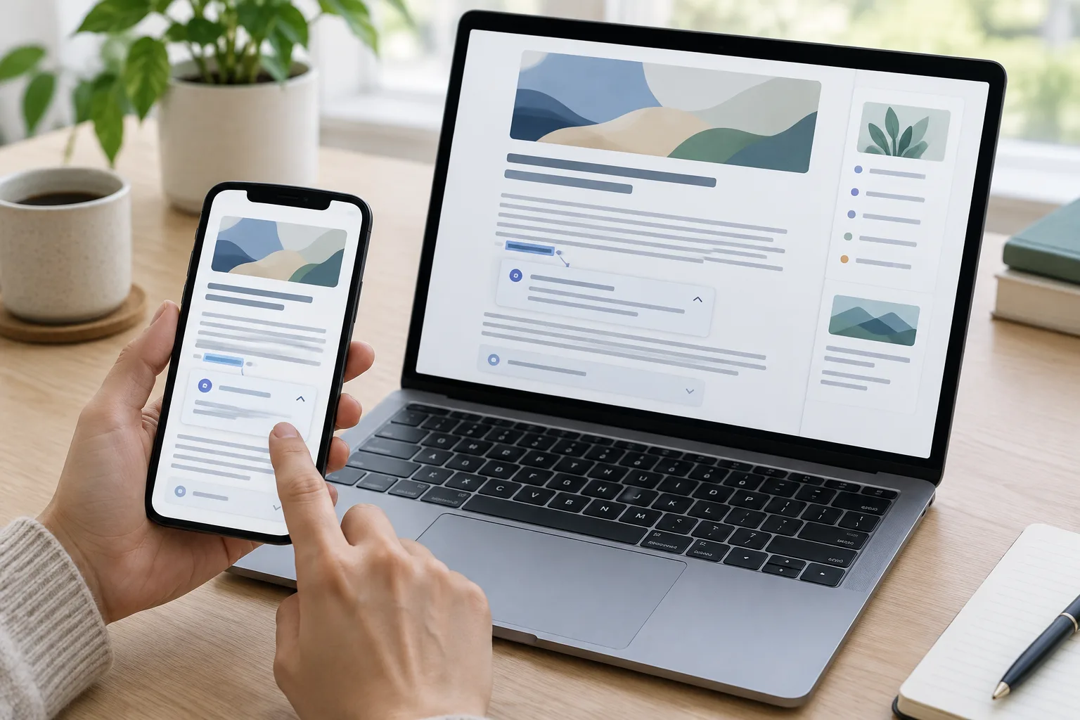 Un lecteur consulte sur téléphone et ordinateur des interfaces d’article avec des repères explicatifs.