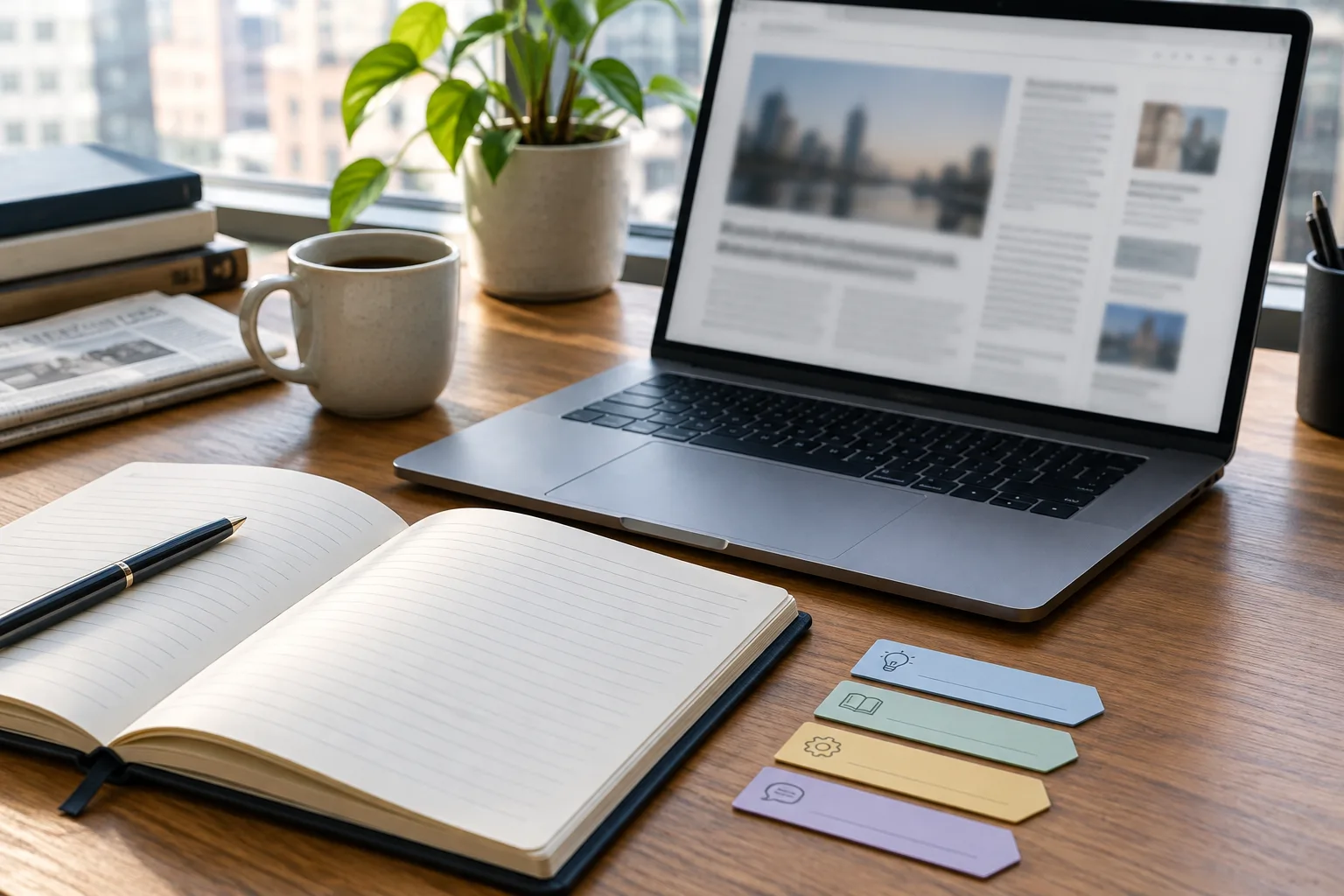 Un carnet et un ordinateur ouverts sur un bureau de rédaction, avec des repères papier évoquant des définitions.