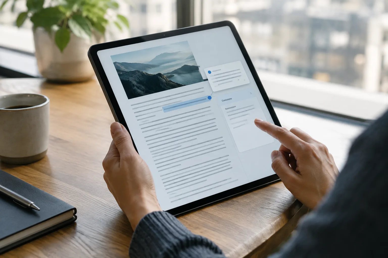 Une personne consulte un article numérique sur une tablette, avec une note explicative ouverte à côté du texte.