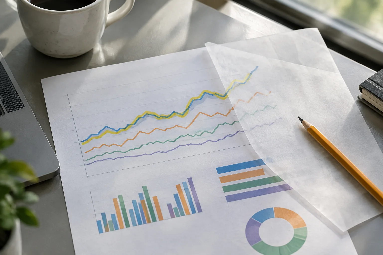 Un graphique aux courbes colorées est posé sur un bureau, près d’un crayon et de feuilles transparentes.